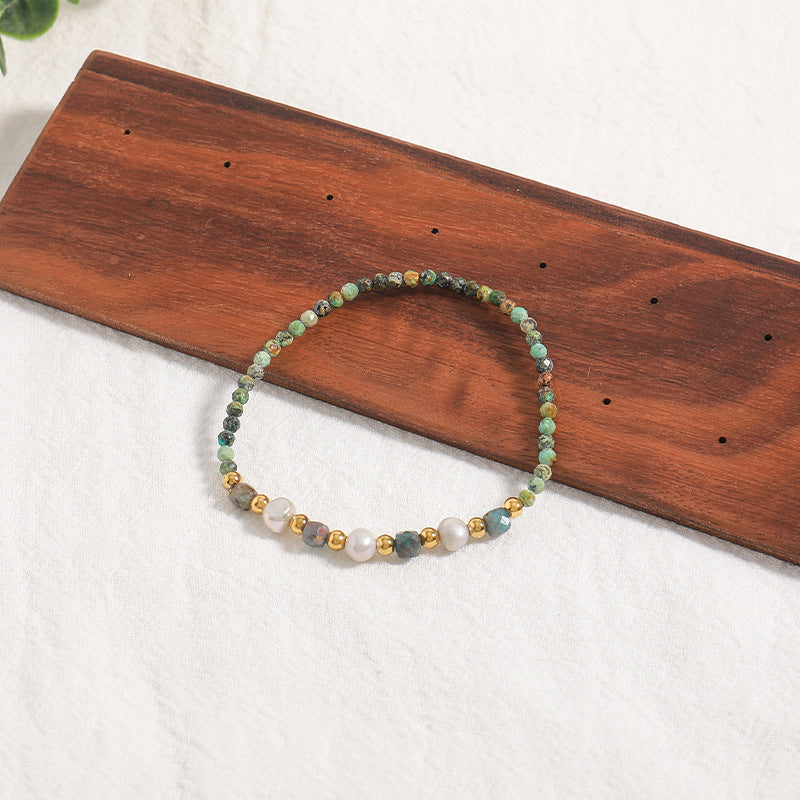 Handmade Bohemian Circular Geometric Bracelet - Genuine Gold Plated with Natural Stones, Stainless Steel & Freshwater Pearls