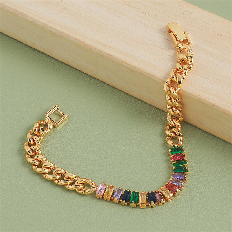 Handmade Geometric Ring Bracelet - Genuine Gold Plated Copper with Zircon, Light Luxury Style for Women