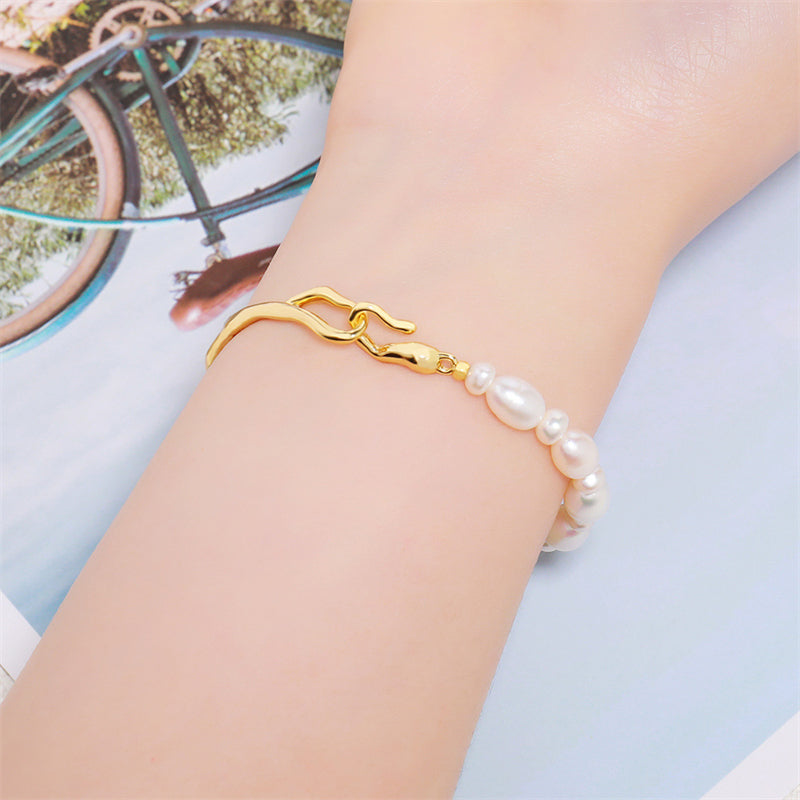 Handmade Irregular Geometric Natural Pearl Bracelet - Genuine Gold Plated Copper Light Luxury Women's Jewelry 10.6g