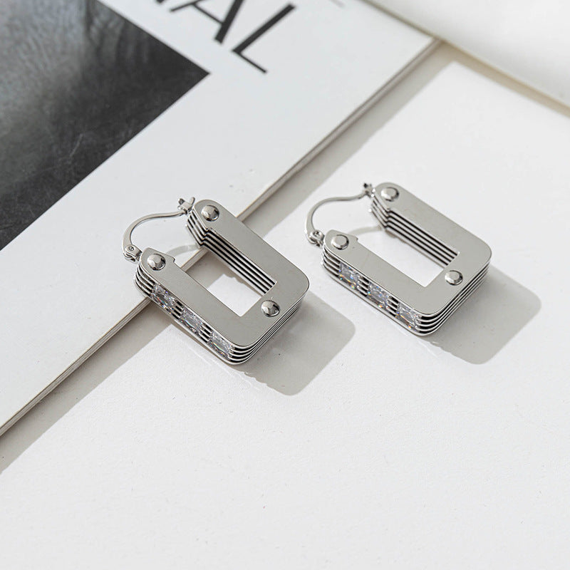Heart, Peach & Rectangle 925 Silver Earrings with White Zircon - 18K Gold Plated Geometric Design for Women