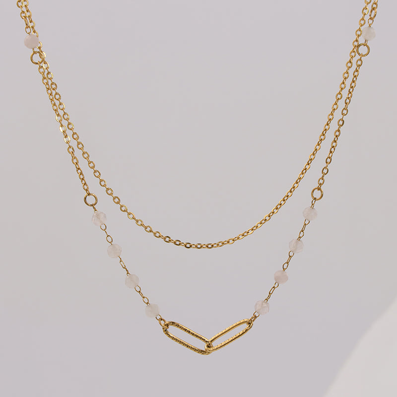 Gold Stainless Steel O Chain Necklace - Vintage Style with Pink Jade