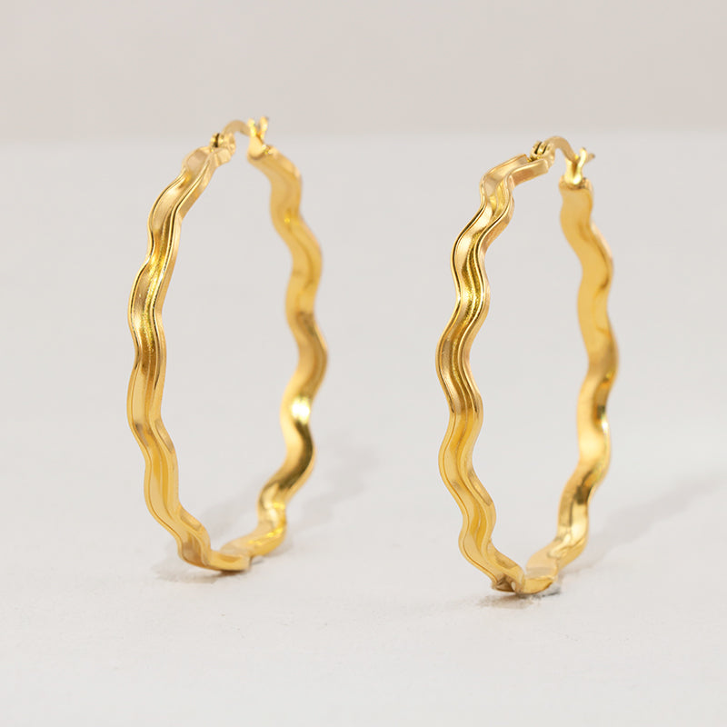 Minimalist Stainless Steel Wave Texture Hoop Earrings