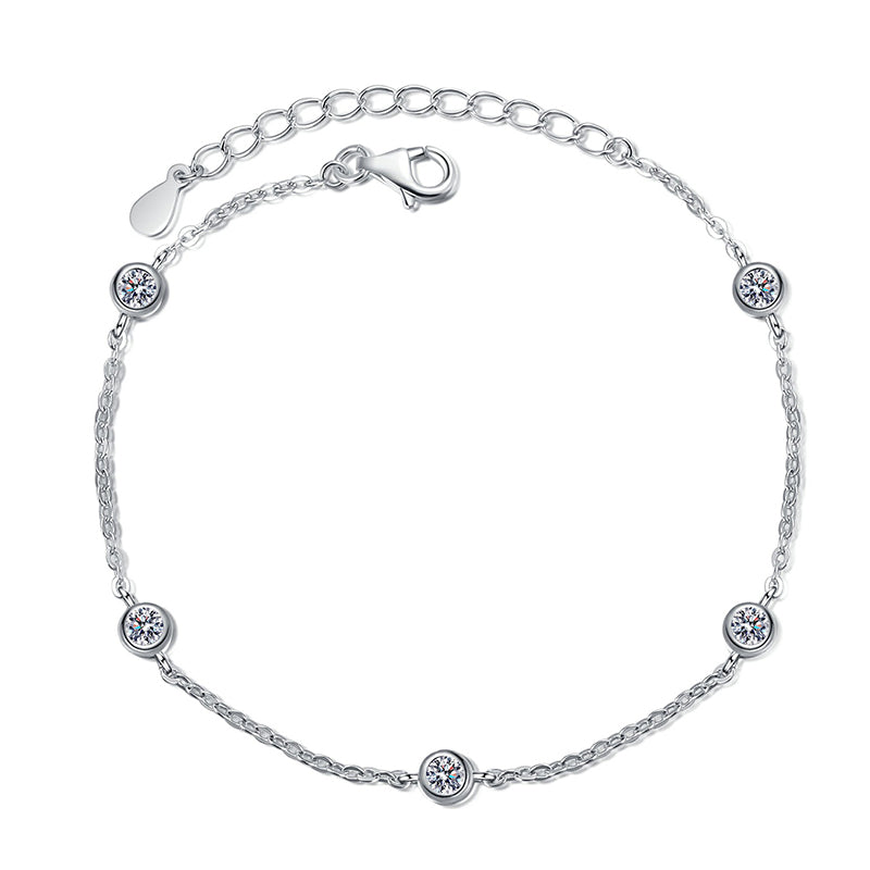 Minimalist 5-Layer Rhodium Plated Sterling Silver Bracelet - 0.5ct Moissanite with Floral & Nature Motifs