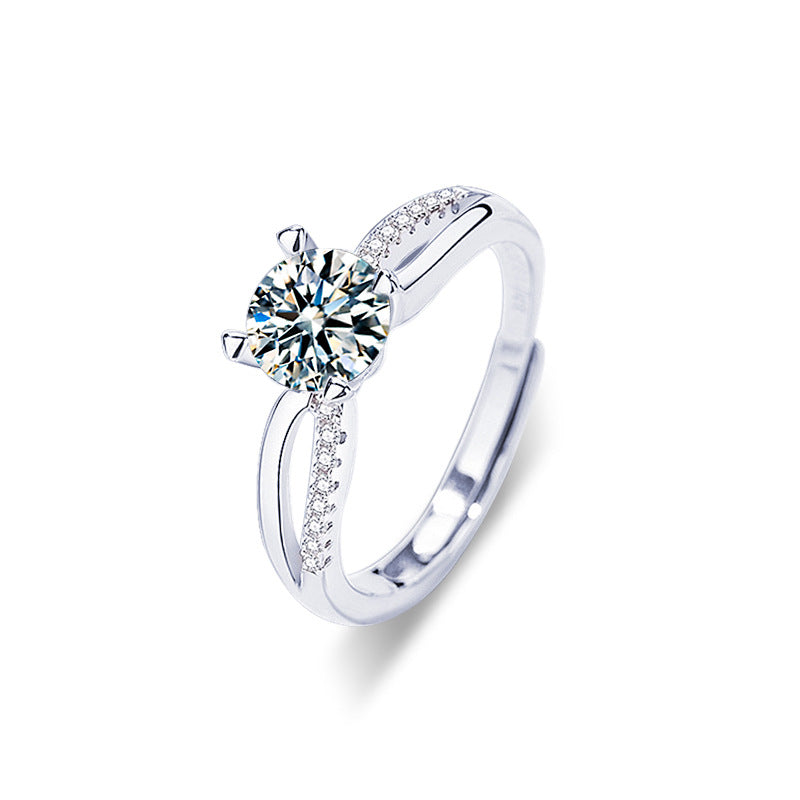 S925 Sterling Silver Adjustable Couple Rings with 1ct Moissanite - White Gold Plated Geometric Luxury Wedding Bands for Couples
