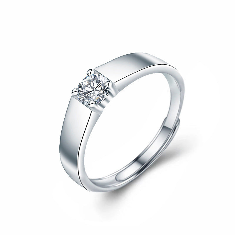 S925 Sterling Silver Adjustable Crown Couple Rings with 1ct Moissanite - White Gold Plated Minimalist Wedding Bands (His 5.5g/Hers 2g)