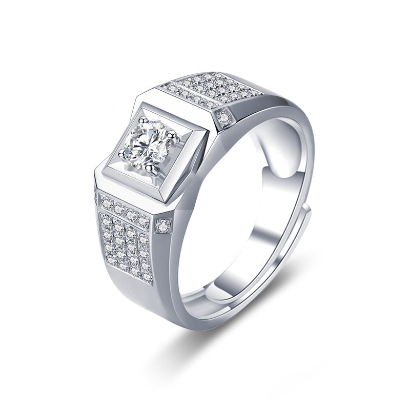 S925 Sterling Silver Adjustable Geometric Men's Ring with 2ct Moissanite Rhodium Plated Premium Jewelry