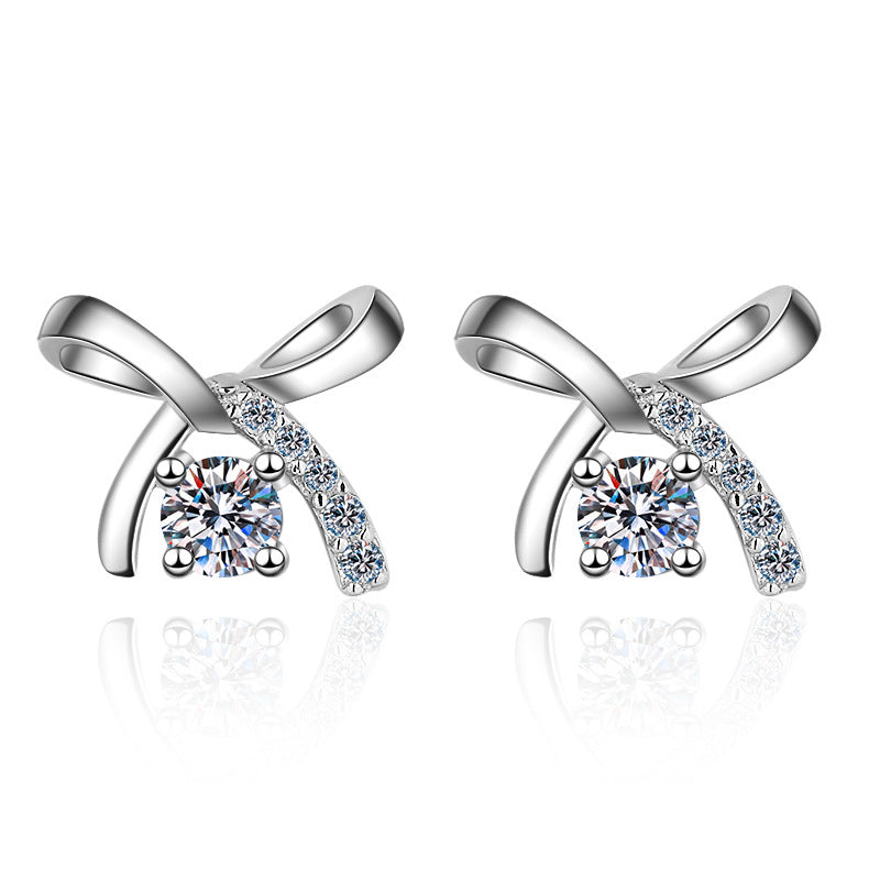 S925 Sterling Silver Bow Moissanite Stud Earrings Plated with Pt950 Gold - Dainty 4-Prong Elegance