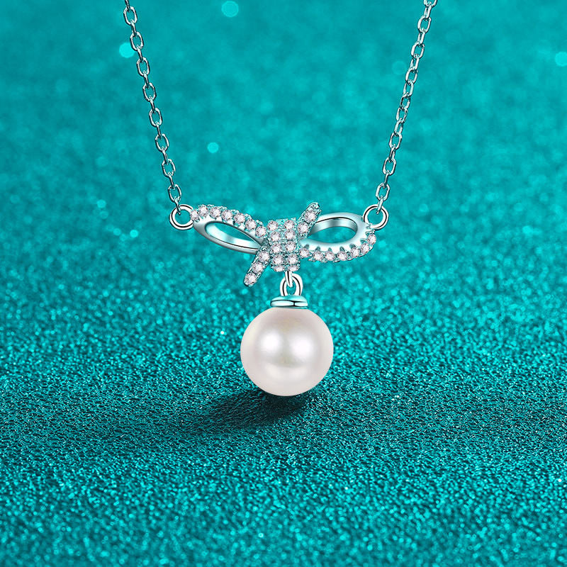 S925 Sterling Silver Bow Necklace - 14.5-Point Moissanite & Pearl Pendant Sweet Layered Choker for Girls