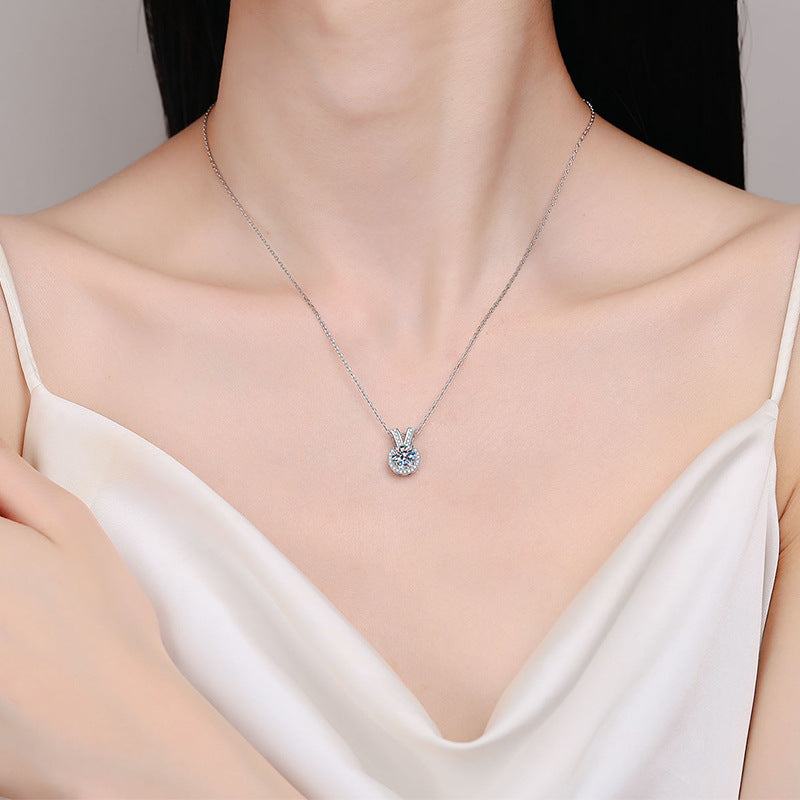 S925 Sterling Silver Bunny Ear Pendant Necklace - 1CT Moissanite Sweet & Chic Chain
