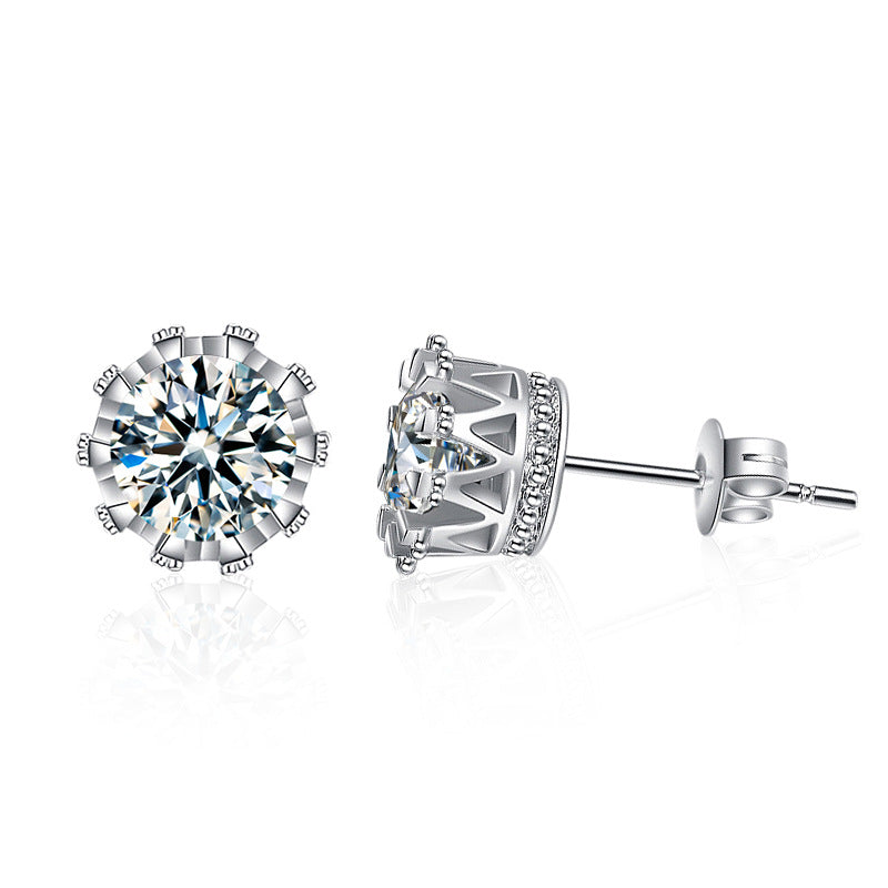 S925 Sterling Silver Crown Stud Earrings with 0.5ct Moissanite White Gold Plated Minimalist Royal Jewelry for Women
