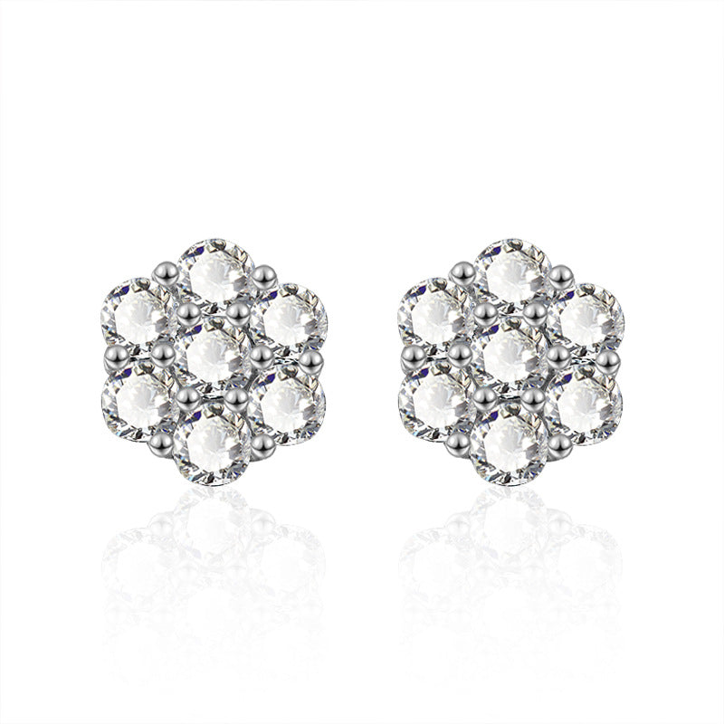 S925 Sterling Silver Floral Stud Earrings with 0.1ct Moissanite Petals - White Gold Plated Minimalist Flower Jewelry for Women