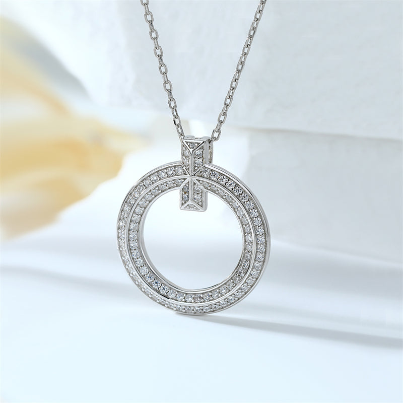 S925 Sterling Silver Full-Zirconia Circle Pendant Necklace - Elegant Hoop Collarbone Chain