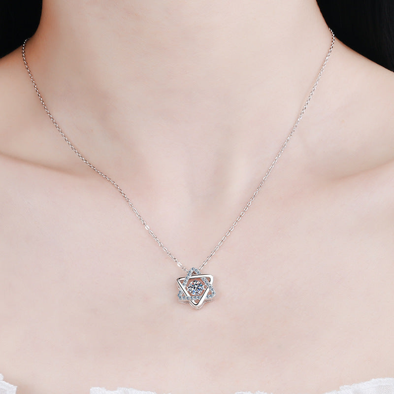 S925 Sterling Silver Hexagram Pendant Necklace - 0.5CT Moissanite PT950-Plated Collarbone Chain