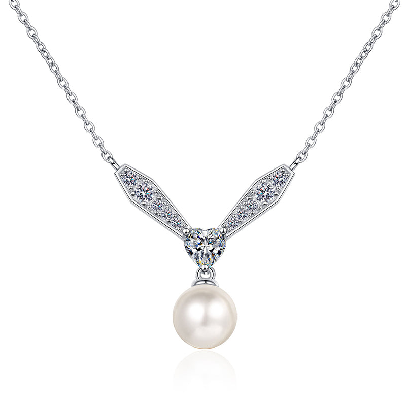 925 Sterling Silver PT950-Plated Phoenix Necklace - 77-Point Moissanite & 8mm Pearl Elegant Statement Choker
