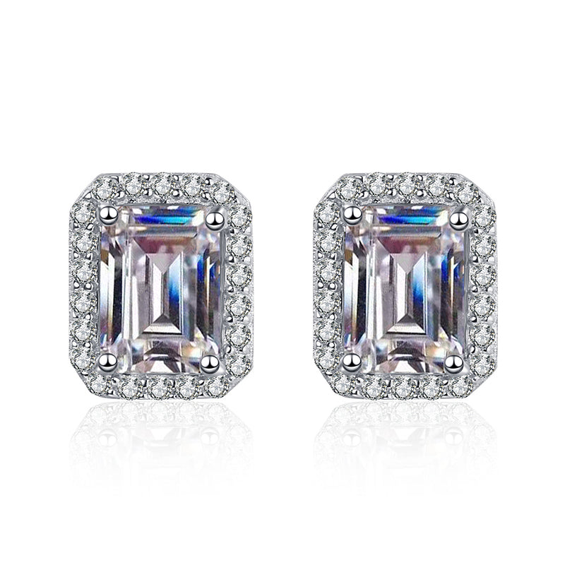 S925 Sterling Silver Radiant & Emerald Cut Moissanite Earrings - Geometric Rectangular Studs with Gourd Motif