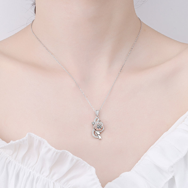 S925 Sterling Silver Rose Pendant Necklace - 0.5CT Moissanite PT950-Plated Two-Tone Chain