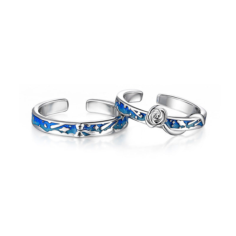 "Little Prince & Rose" Enamel Couple Rings - 925 Sterling Silver Storybook Matching Set