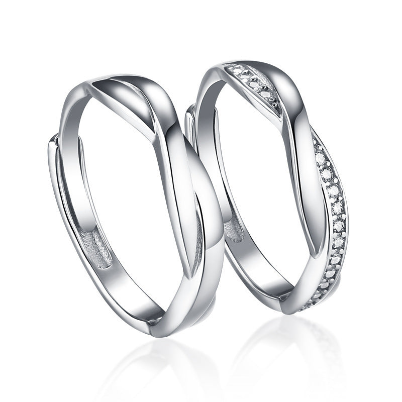 925 Sterling Silver Wave Couple Rings - Romantic Adjustable Matching Set with Zircon Accents