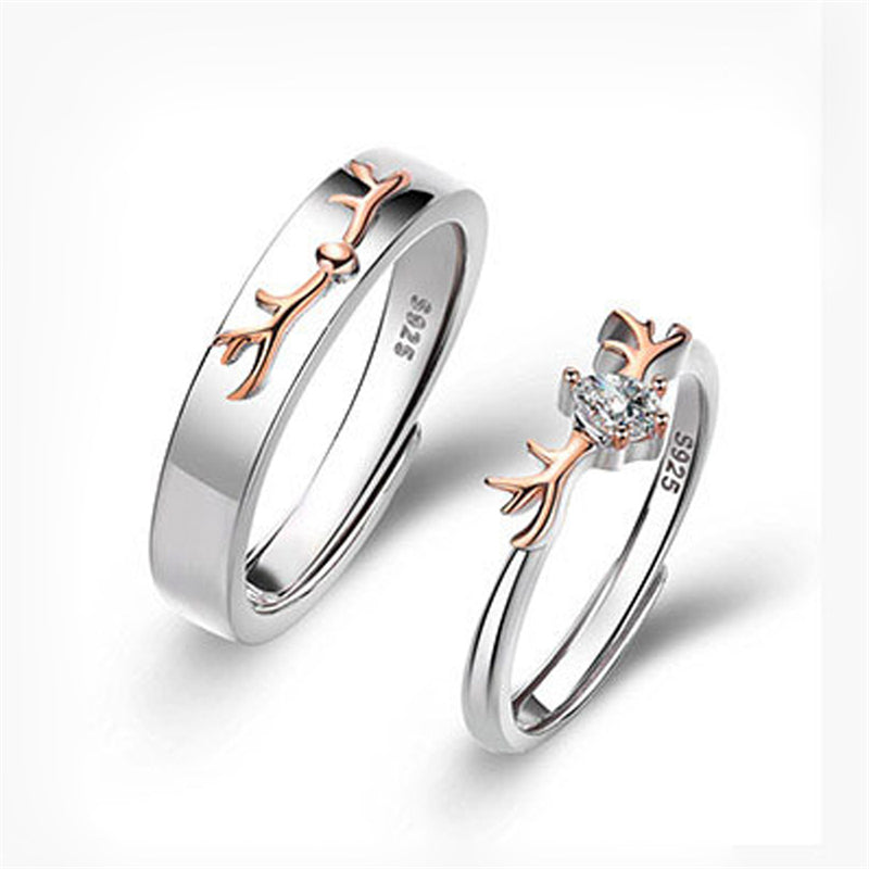 "Deer Love" Couple Rings - 925 Sterling Silver Two-Tone Deer Motif Matching Set