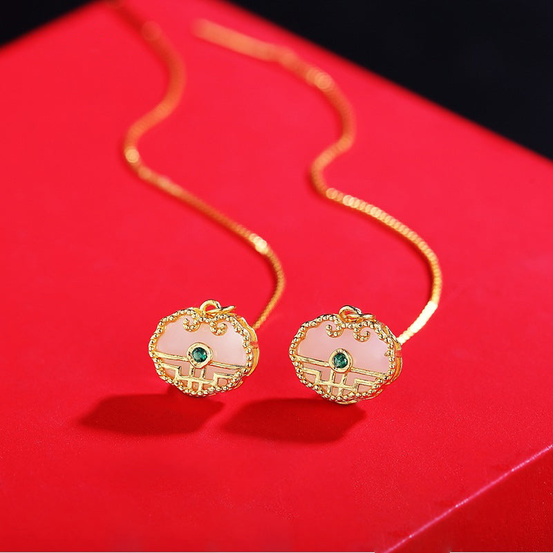 925 Sterling Silver Pendant Earrings - Vintage Chinese Auspicious Pattern Dangle Earrings for Women