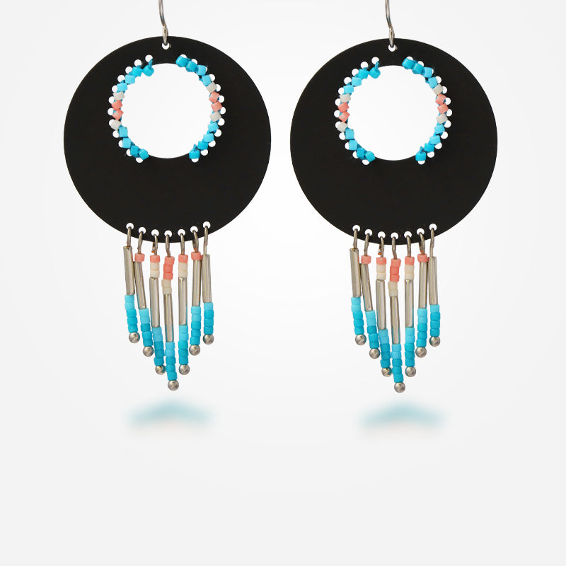 Ethnic Black Copper Asymmetrical Earrings with Tassels
