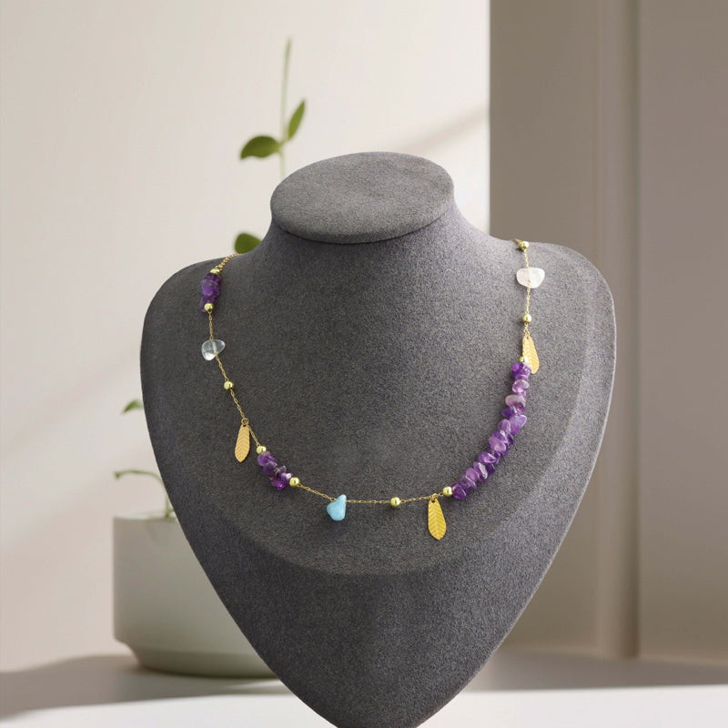 Stainless Steel O-Chain Necklace with Purple Stone Pendant and Leaf Accents