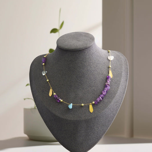 Stainless Steel O-Chain Necklace with Purple Stone Pendant and Leaf Accents