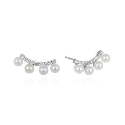 925 Sterling Silver Pearl & Zircon Stud Earrings - Korean Style Shell Pearl Earrings with Plastic Backs