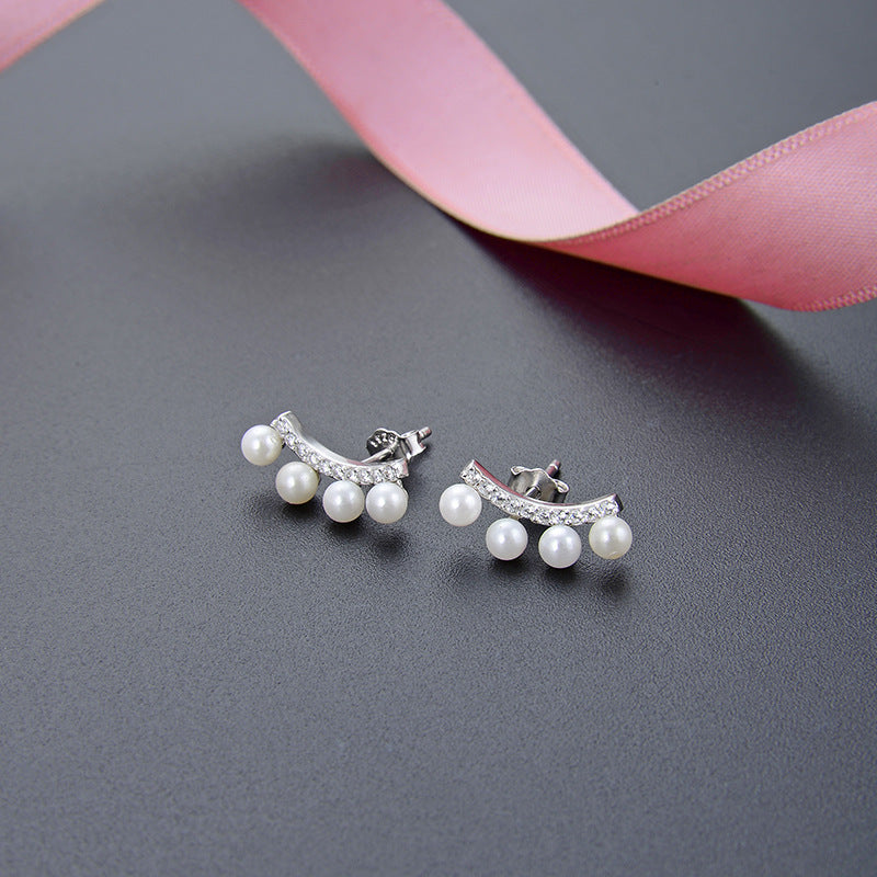 925 Sterling Silver Pearl & Zircon Stud Earrings - Korean Style Shell Pearl Earrings with Plastic Backs