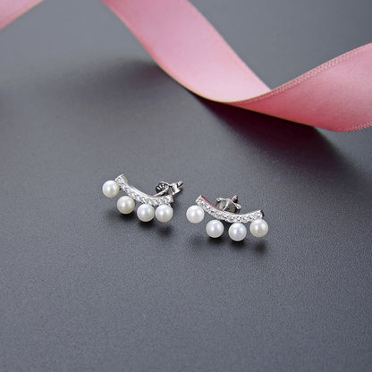 925 Sterling Silver Pearl & Zircon Stud Earrings - Korean Style Shell Pearl Earrings with Plastic Backs