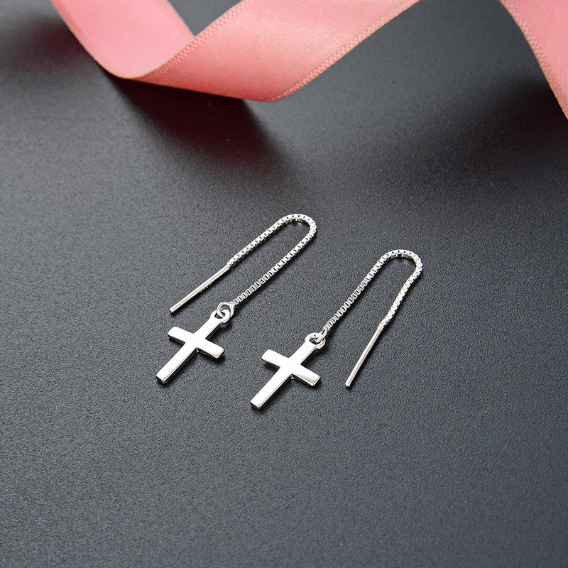 925 Sterling Silver Tree Cross Threader Earrings - Luxury Botanical Dangle Earrings
