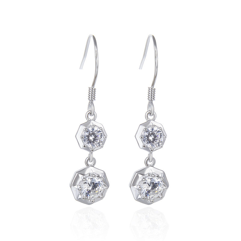 925 Sterling Silver Round Zircon Drop Earrings - Korean Style Geometric Dangle Earrings for Women