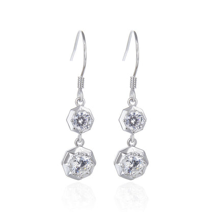 925 Sterling Silver Round Zircon Drop Earrings - Korean Style Geometric Dangle Earrings for Women