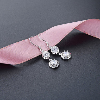 925 Sterling Silver Round Zircon Drop Earrings - Korean Style Geometric Dangle Earrings for Women