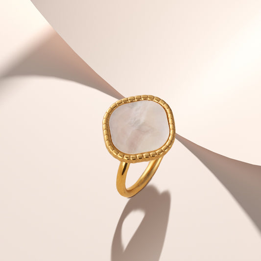 Minimalist Stainless Steel Ring with White Mother of Pearl Inlay