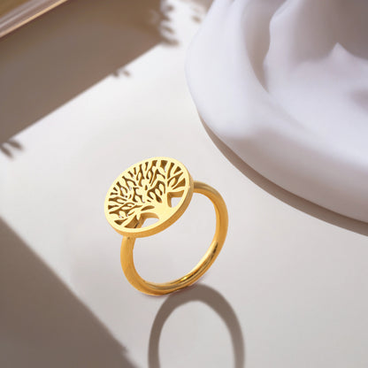 Stylish Gold Stainless Steel Ring with Tree Motif