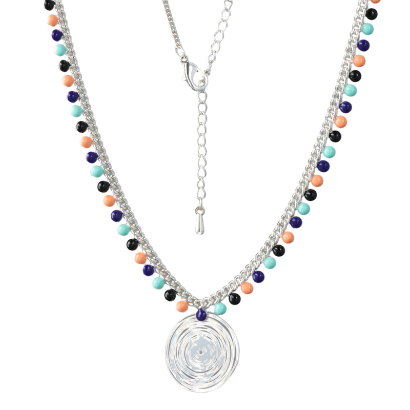 Silver Tone Geometric Round Pendant Chopin Necklace