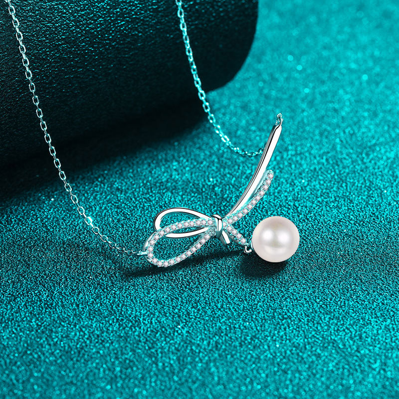 19-Point Moissanite Pearl Necklace – 925 Silver Elegant Bow Pendant Layered Choker for Women