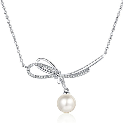19-Point Moissanite Pearl Necklace – 925 Silver Elegant Bow Pendant Layered Choker for Women