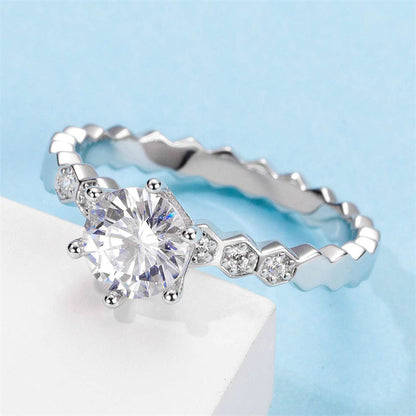 1CT D Color Moissanite Halo Engagement Ring - 925 Sterling Silver Six-Prong Honeycomb Ring
