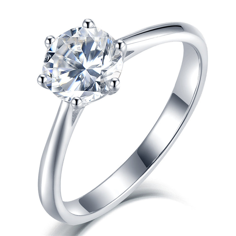 1CT D Color Moissanite Solitaire Ring - 925 Sterling Silver Six-Prong Engagement Ring with Certificate