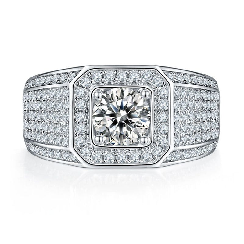 1CT Moissanite Men's Ring - 925 Sterling Silver Geometric Band (White Gold Plated)