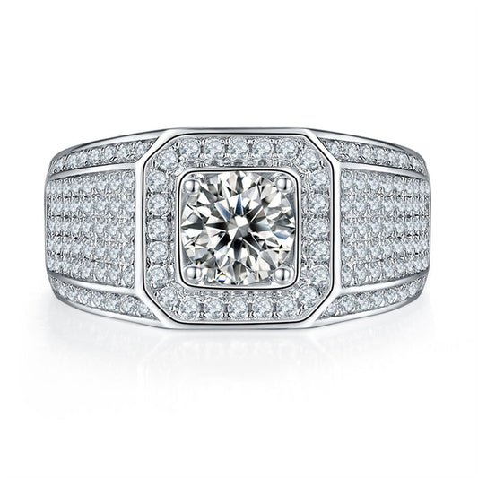 1CT Moissanite Men's Ring - 925 Sterling Silver Geometric Band (White Gold Plated)