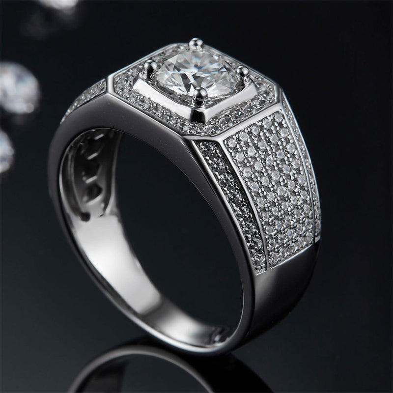 1CT Moissanite Men's Ring - 925 Sterling Silver Geometric Band (White Gold Plated)