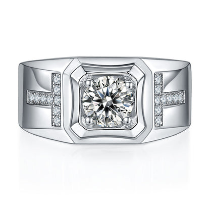 1CT Moissanite Men's Ring - Premium 925 Sterling Silver Wide Band Wedding Ring (White Gold Plated)