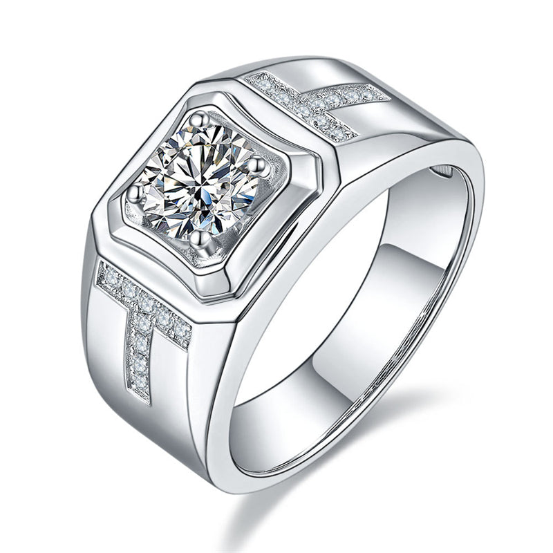 1CT Moissanite Men's Ring - Premium 925 Sterling Silver Wide Band Wedding Ring (White Gold Plated)