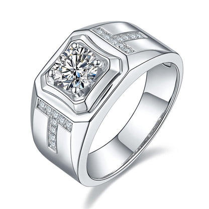 1CT Moissanite Men's Ring - Premium 925 Sterling Silver Wide Band Wedding Ring (White Gold Plated)
