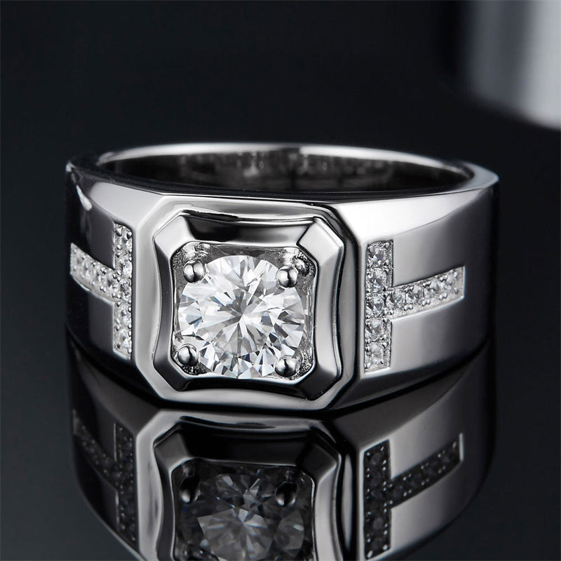 1CT Moissanite Men's Ring - Premium 925 Sterling Silver Wide Band Wedding Ring (White Gold Plated)