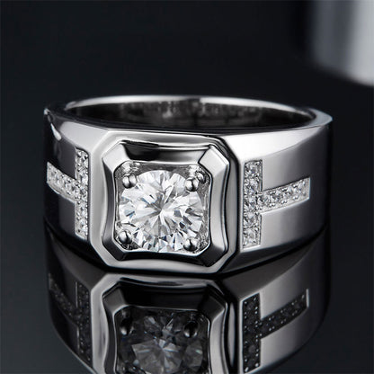 1CT Moissanite Men's Ring - Premium 925 Sterling Silver Wide Band Wedding Ring (White Gold Plated)