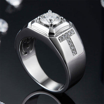 1CT Moissanite Men's Ring - Premium 925 Sterling Silver Wide Band Wedding Ring (White Gold Plated)